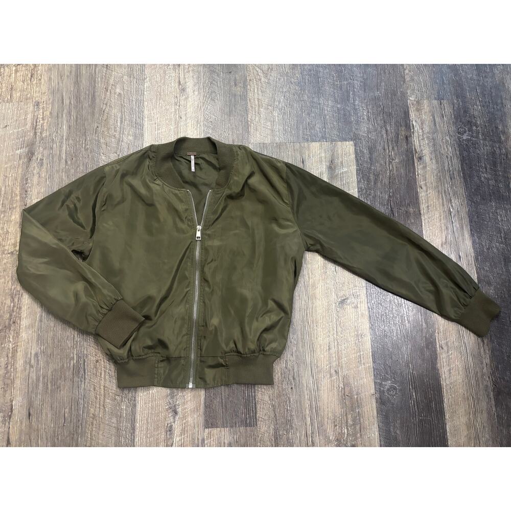 Poof Womens Olive Green Bomber Jacket Satin Full Zip Lightweight Small 121818